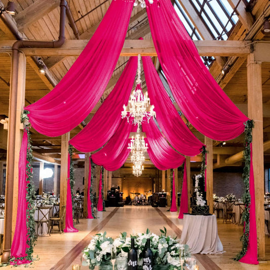 MODFUNS Hot Pink Ceiling Drapes for Weddings 5x30ft 2 Panels Sheer Chiffon Ceiling Draping Fabric Fuchsia Sheer Draping Tulle Swag Curtain for Wedding Party Stage Prom Banquet Decoration