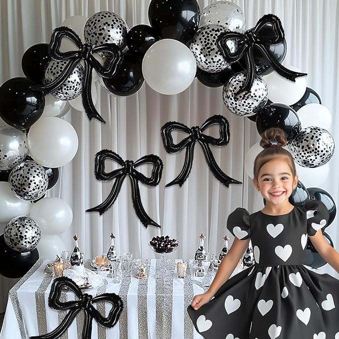 4pcs Black Bow Foil Balloons Bow Mylar Balloon Set for Coquette Birthday, Bridal Shower, Bachelorette Party, Martini Decor supply,Cheetah,Black and White Bow Theme Party Decorations
