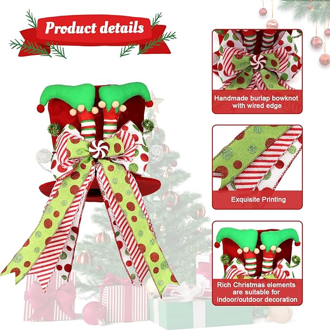 Christmas Tree Topper Hat with Bow, Velvet Top Hat Ornament with Elf Legs and Red & Green Wired Bows, Winter Holidays Xmas Decor for Home Decoration (Red)