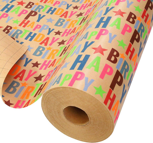 LaRibbons Birthday Wrapping Paper Jumbo 24 Inch x 417 Feet(834 sq. ft. ttl.) Half Ream Kraft Gift Wrap Paper with Colorful Text Happy Birthday Pattern for Baby Shower Holiday Party