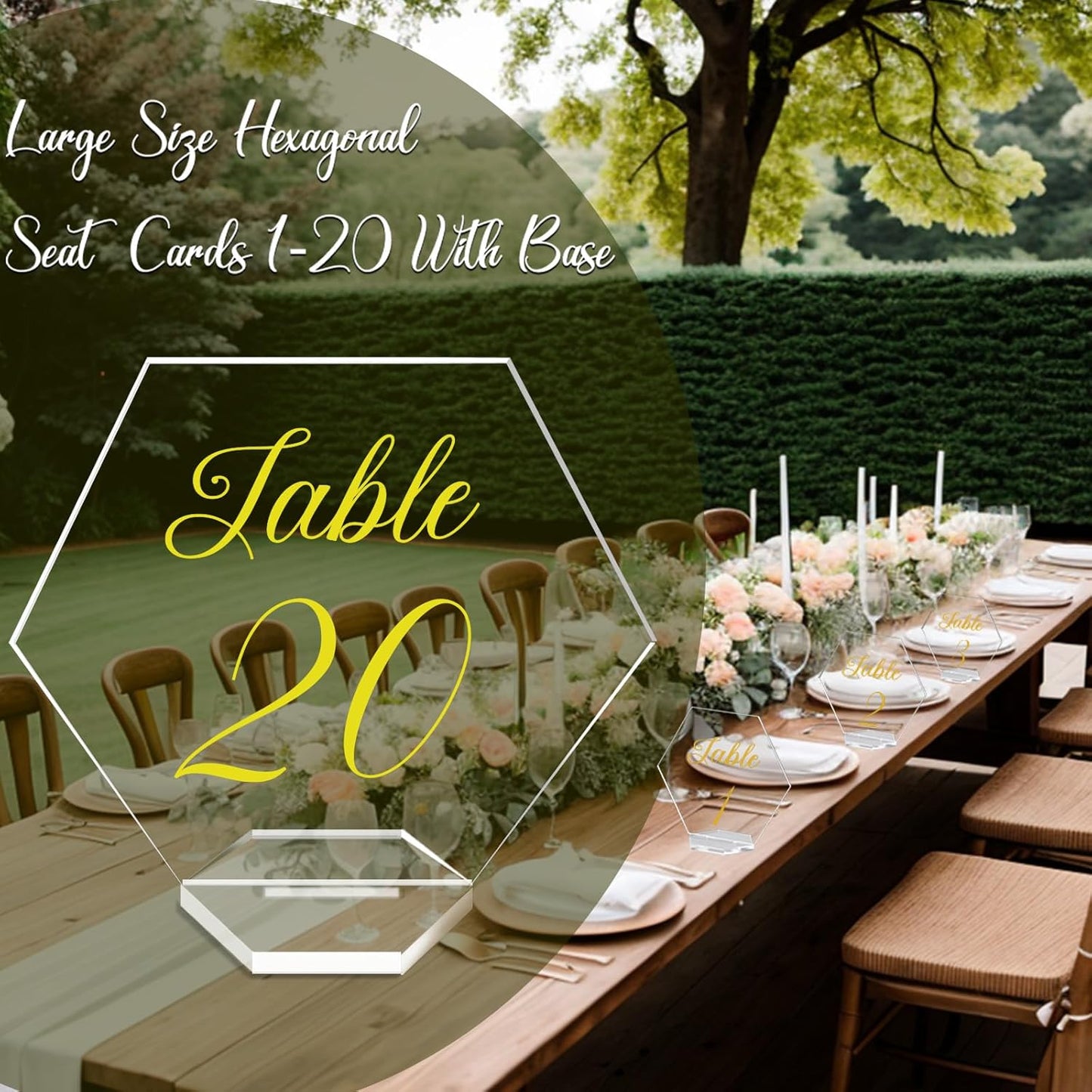OurWarm Large Acrylic Wedding Table Numbers 1-20, Elegant Printed Calligraphy Place Cards with Stand, Hexagon Multi-functional Clear Acrylic Sign and Holder, Ideal for Wedding Reception Events