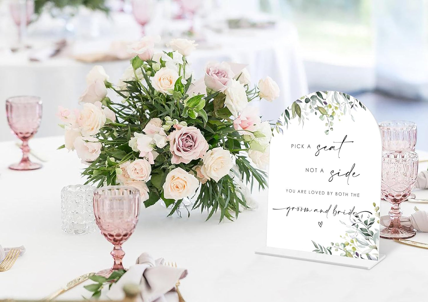 Greenery Pick a Seat Not a Side Sign, 6 x 8 Inch White Arch Acrylic Wedding Sign with Holder, Wedding Sign for Ceremony and Reception, Wedding Decoration, Wedding Supplies - LY18