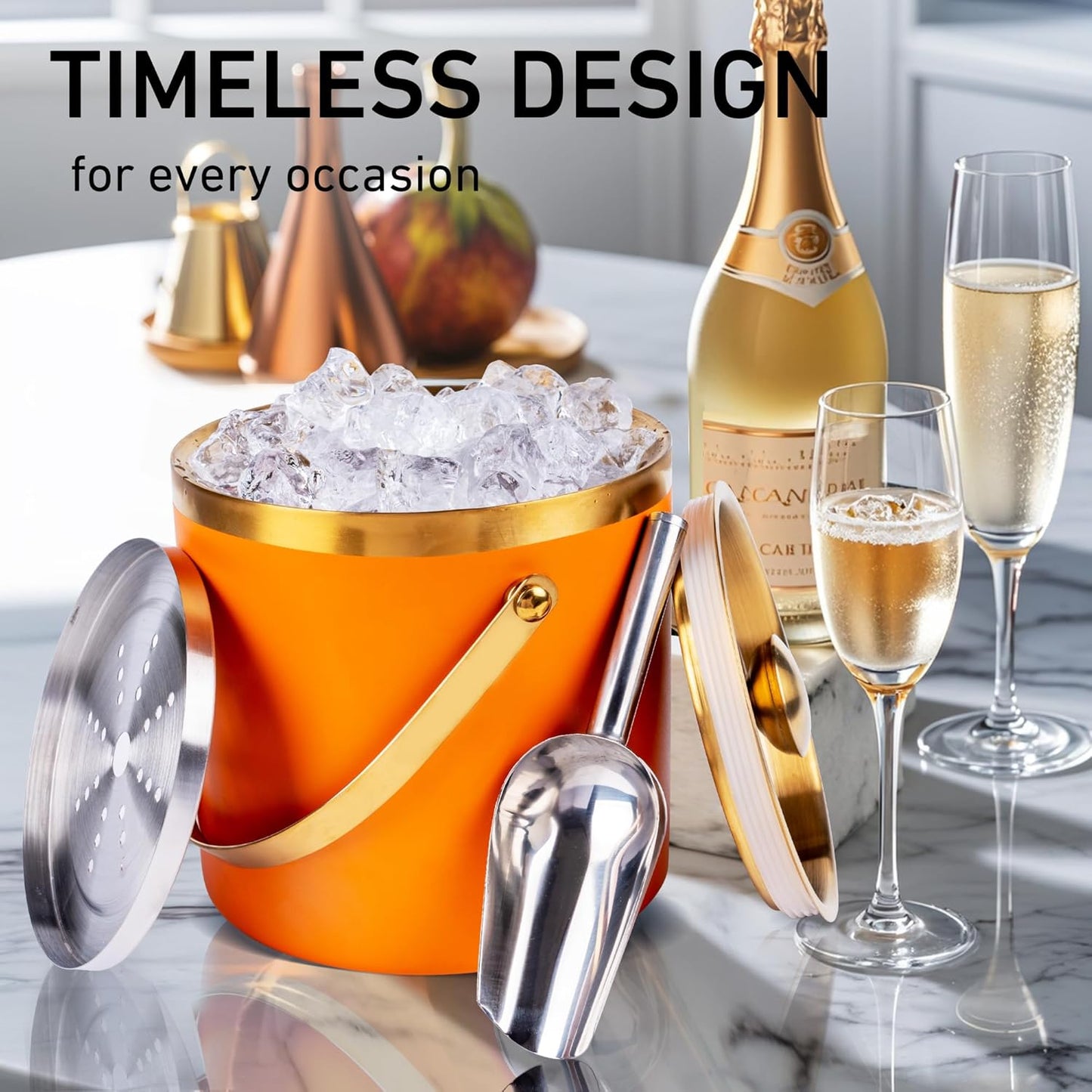 3L Double Wall Insulated Stainless Steel Ice Bucket with Strainer for Cocktail Bar,Metal Ice Bucket for freezer with Lid for parties.ice Container to Keep Ice Colder,bar cart accessories(Orange)