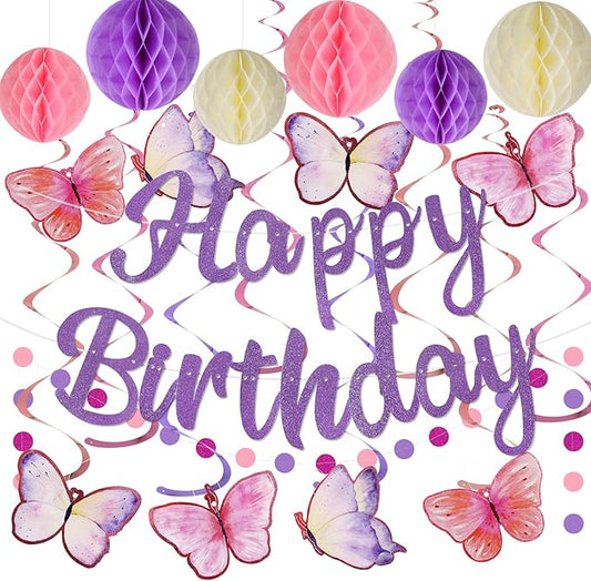 Birthday Decorations, NO DIY, Pre-Strung Happy Birthday Banner with Honeycomb Balls, Hanging Swirls, Circle Dots Garland, Happy Birthday Party Decorations for Women Men Boys Girls (Purple)