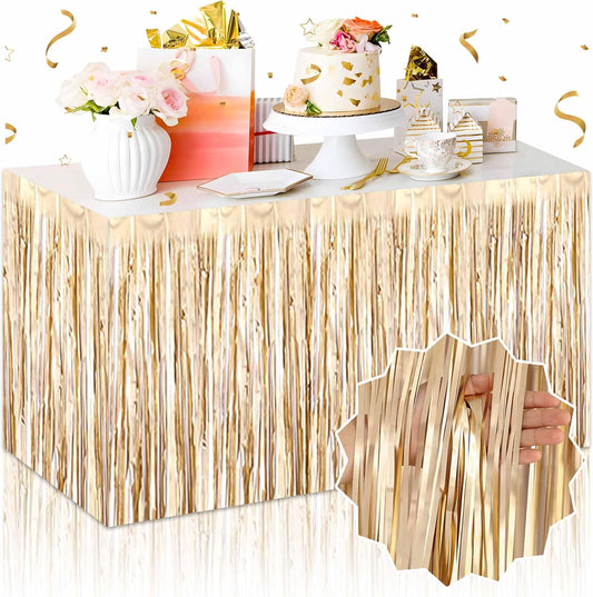 3 Pack 29 x108 Inch Champagne Gold Foil Fringe Table Skirts Metallic Banner for Tinsel Streamer Garland Backdrop for Parade Floats Mother's Day, Graduate, Birthday, Wedding Party Decoration