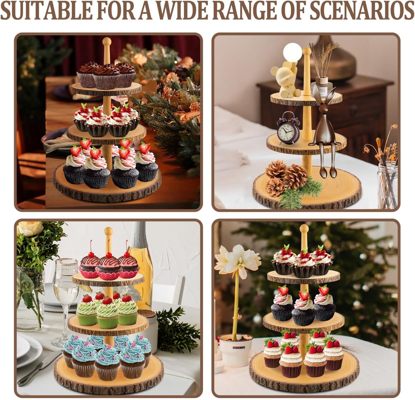 Cupcake Stand Wood Dessert Stands 3-Tier Wood Cupcake Stand - Elegant Farmhouse Dessert Display for Weddings, Baby Showers, Tea Parties, & More./Wedding Décor/Tea Party/Birthday/Graduation/Holiday.