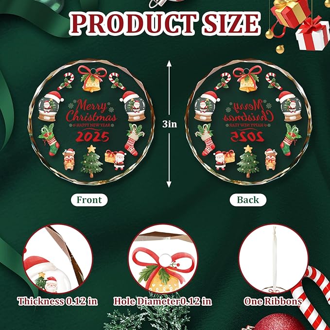 Merry Christmas Christmas Ornaments, 2025 Glass Christmas Ornament, 3 Inch Crystal Round Tree Decoration with Gift Box, Holiday Keepsake Gift for Family & Friends