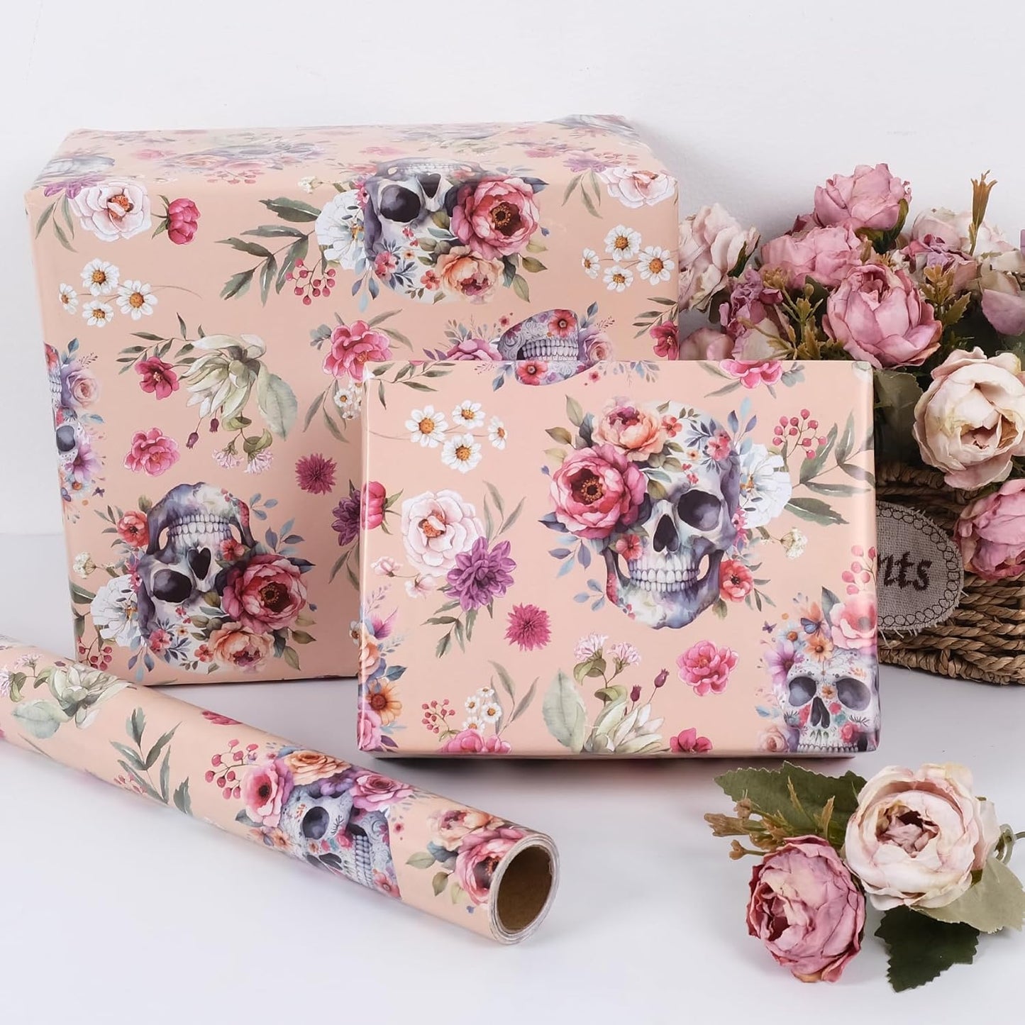 Aimyoo Gothic Wrapping Paper Roll, 17 Inch X 33 Fee Skull Floral Berry Design Gift Wrap Paper for Mother's Day, Birthday Bridal Shower
