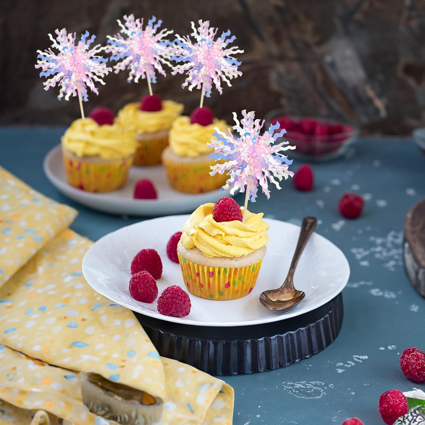 Gyufise 30Pcs Foil Firework Cupcake Toppers Sparkle Tinsel Cake Toppers Tinsel Drink Cake Decoration Cocktail Picks for Birthday Wedding Graduation Party Supplies Pink