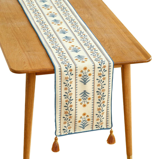 ISAENNE Designer Pale Yellow Elegant Linen Table Runner 102 Inches Long,French Floral Pattern Elegant Table Runners for Dining Tables,Thanksgiving,Kitchen Tables,Christmas,12"*102"-Estevan A