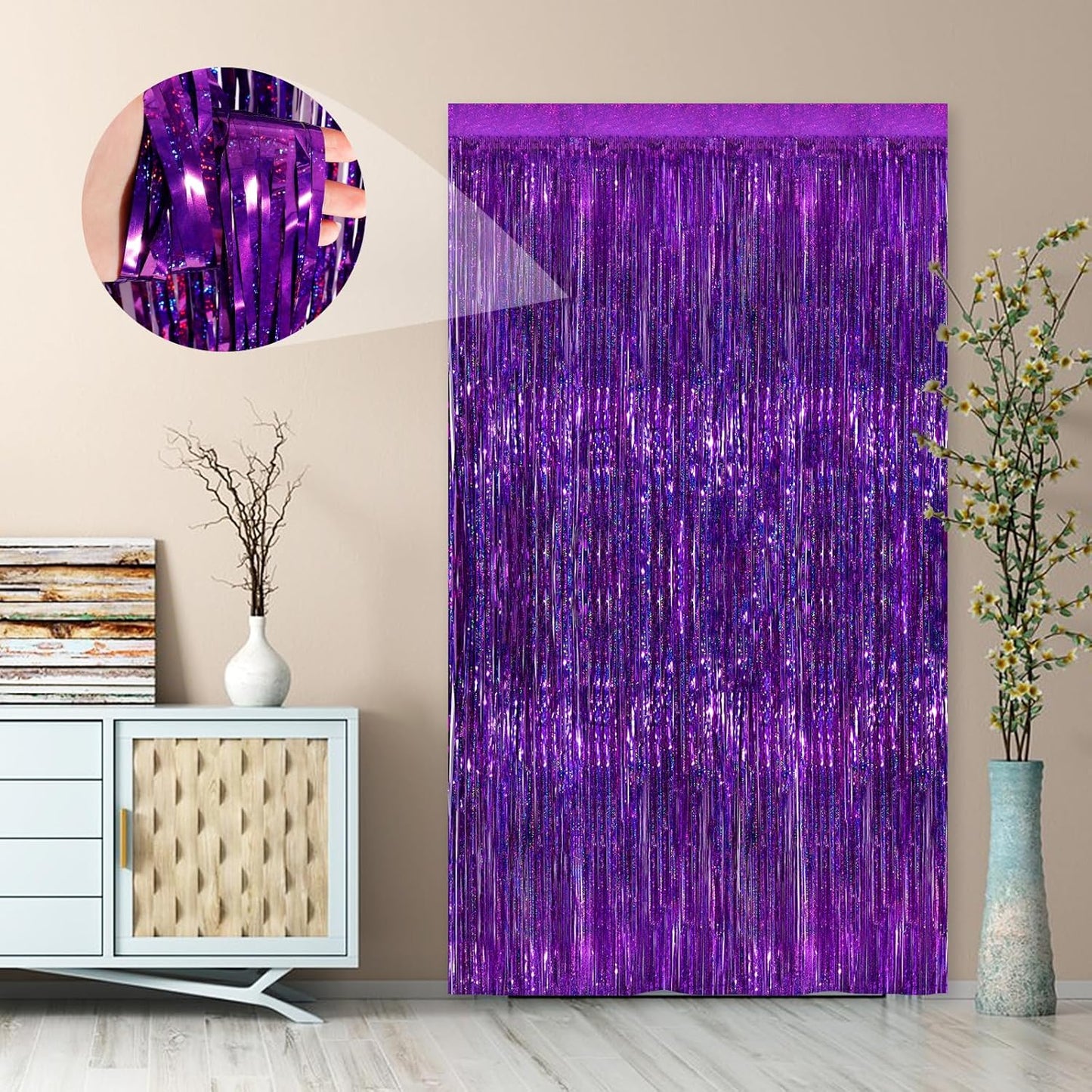 2 Pack Purple Metallic Tinsel Foil Fringe Curtains, Purple Streamers 3.3 x 8.3ft Party Streamers for Birthday Party Decorations, Foil Curtain Backdrop for Wedding Bachelorette Party, Halloween Decor