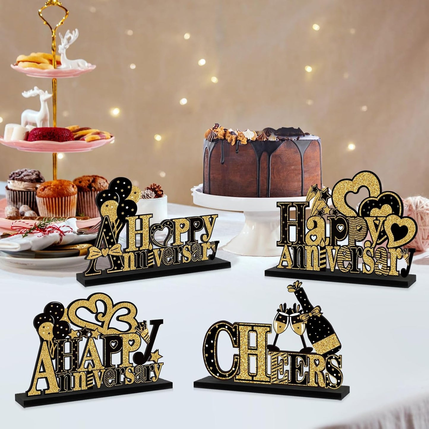 4 Pieces Anniversary Decorations Wooden Table Centerpieces, Black Gold Happy Wedding Anniversary Table Sign Party Supplies, 10th 20th 30th 40th 50th 60th Anniversary Table Decor for Indoor Outdoor