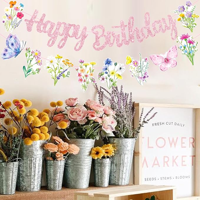 Wildflowers Happy Birthday Banners 3Pcs Pink Butterfly Theme Party Decorations for Women Girl Spring Birthday Baby Shower Supplies