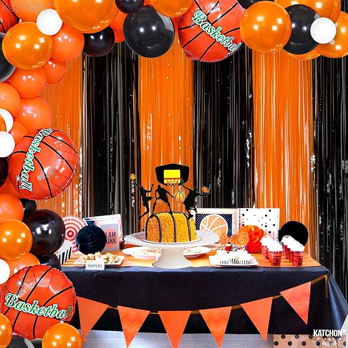 KatchOn, Black and Orange Foil Fringe Curtain - XtraLarge 3.2x8 Feet, Pack of 2 | Orange and Black Streamers, Halloween Decorations | Fringe Backdrop Curtain for Birthday, Basketball Party Decorations