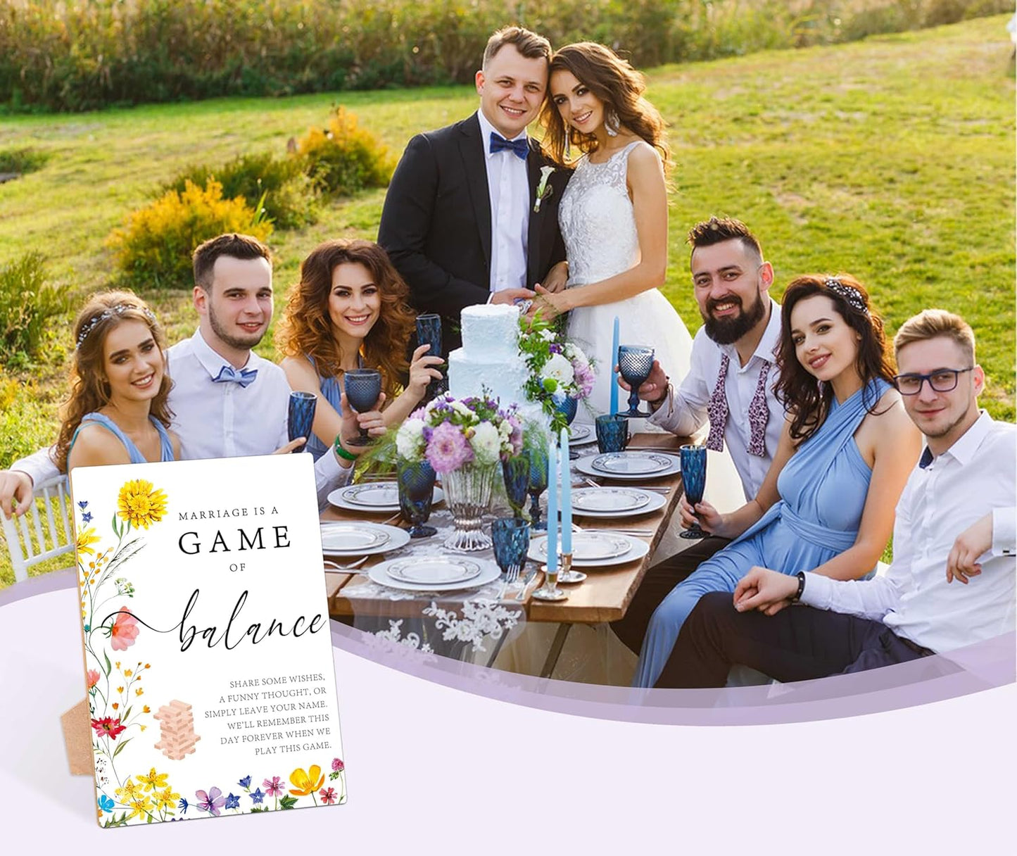 Marriage Is A Game Of Balance Sign, Floral Wedding Ceremony Sign, Pack of 1 Wooden Tabletop Sign with Stand, Wedding Supplies, Engagement and Reception Wedding Decorations - LD17