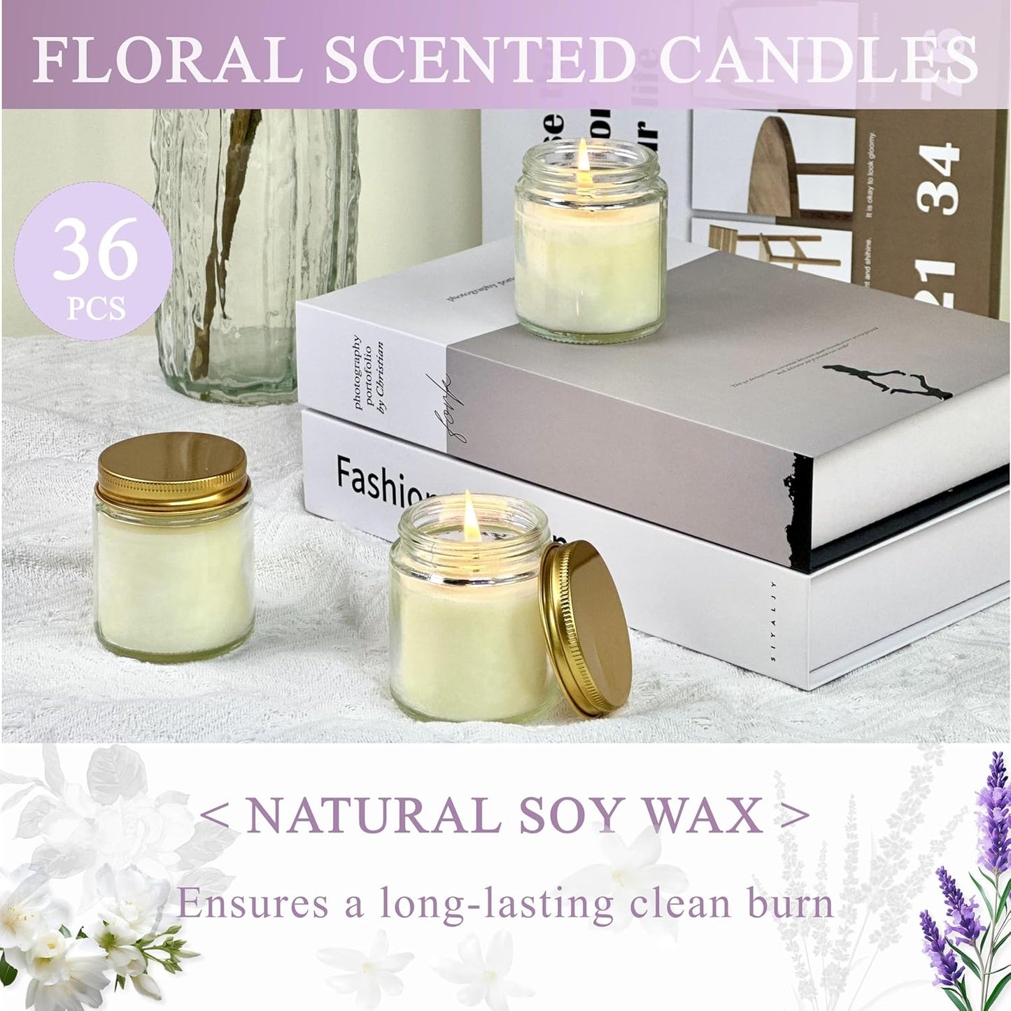 ACITHGL 36 Pcs 4oz Mini Mason Jar Candles Small Scented Candles Bulk Aromatherapy Ideal Souvenir Favors for Wedding Birthday Party (Freesia, Lavender, Jasmine, Gold)