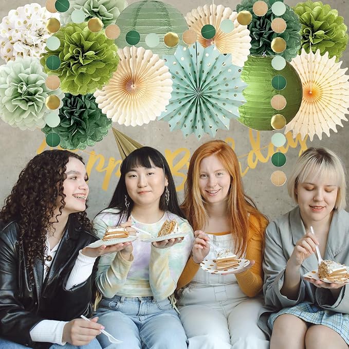 Olive Sage Green Birthday Party Decorations Sage Birthday Party Décor Tissue Paper Pom Poms Flowers Paper Fans Circle Dot Garlands Olive Green Party Neutral Birth day Decorations for Women Girls Boys