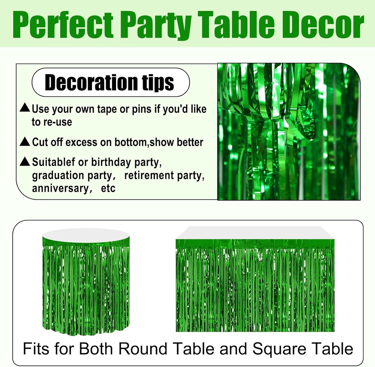 3 Pack 29x108 Inch Green Foil Fringe Table Skirts Metallic Banner for Tinsel Streamer Garland Backdrop for Parade Floats Wedding Thanksgiving Birthday Christmas Halloween Party Decoration
