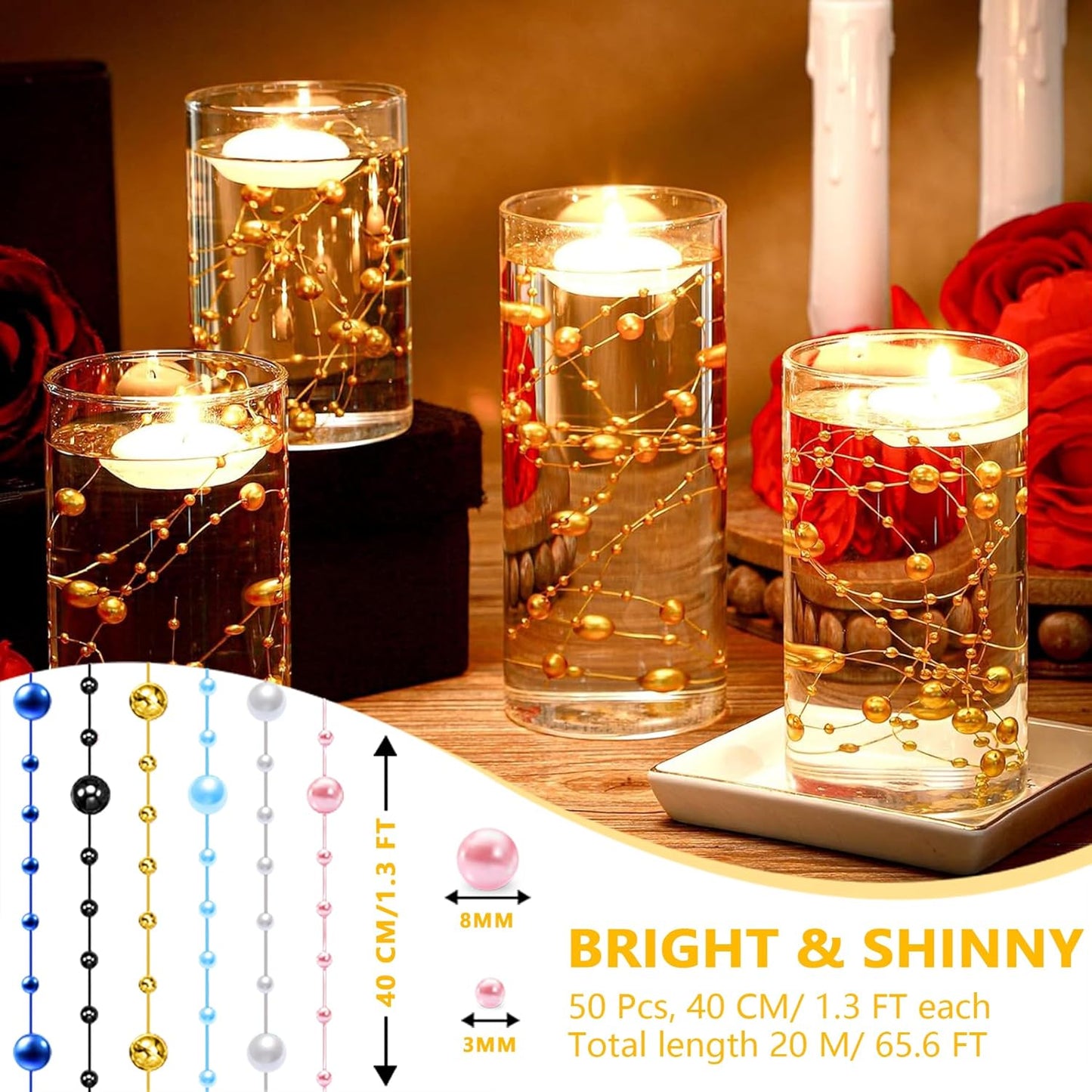 50 PCS Artificial Floating Beads for Centerpieces Vases, Light Green 8+3mm String Beads for Wedding Party Faux Pearl String for Decorating, String Pearls for Crafts Vase Filler