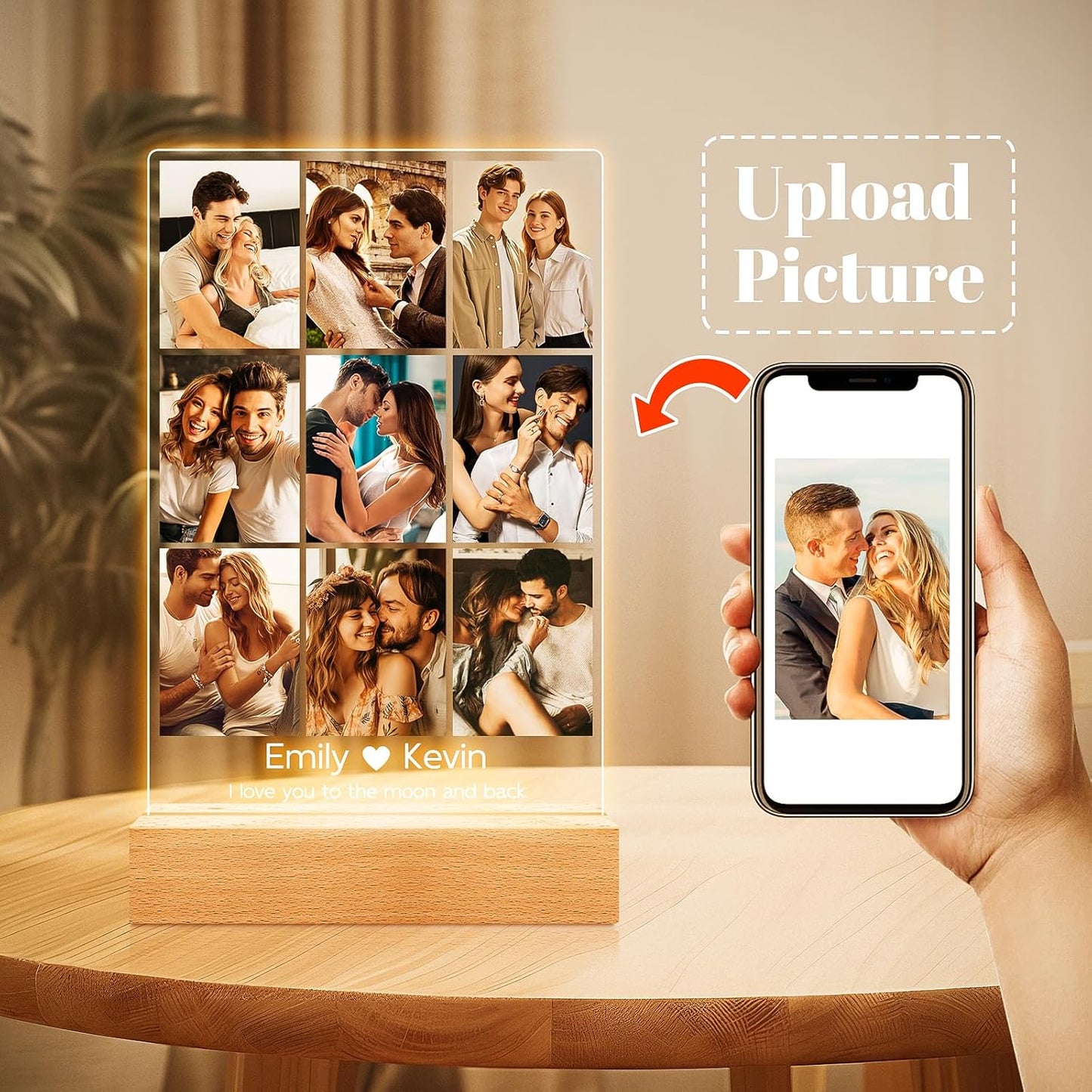 Personalized Picture Frame with Photos, Custom Picture Frames, Personalized Photo Frame with Night Light, Personalized Anniversary Birthday Gifts for Women Men Girlfriend Boyfriend Couples Her Him