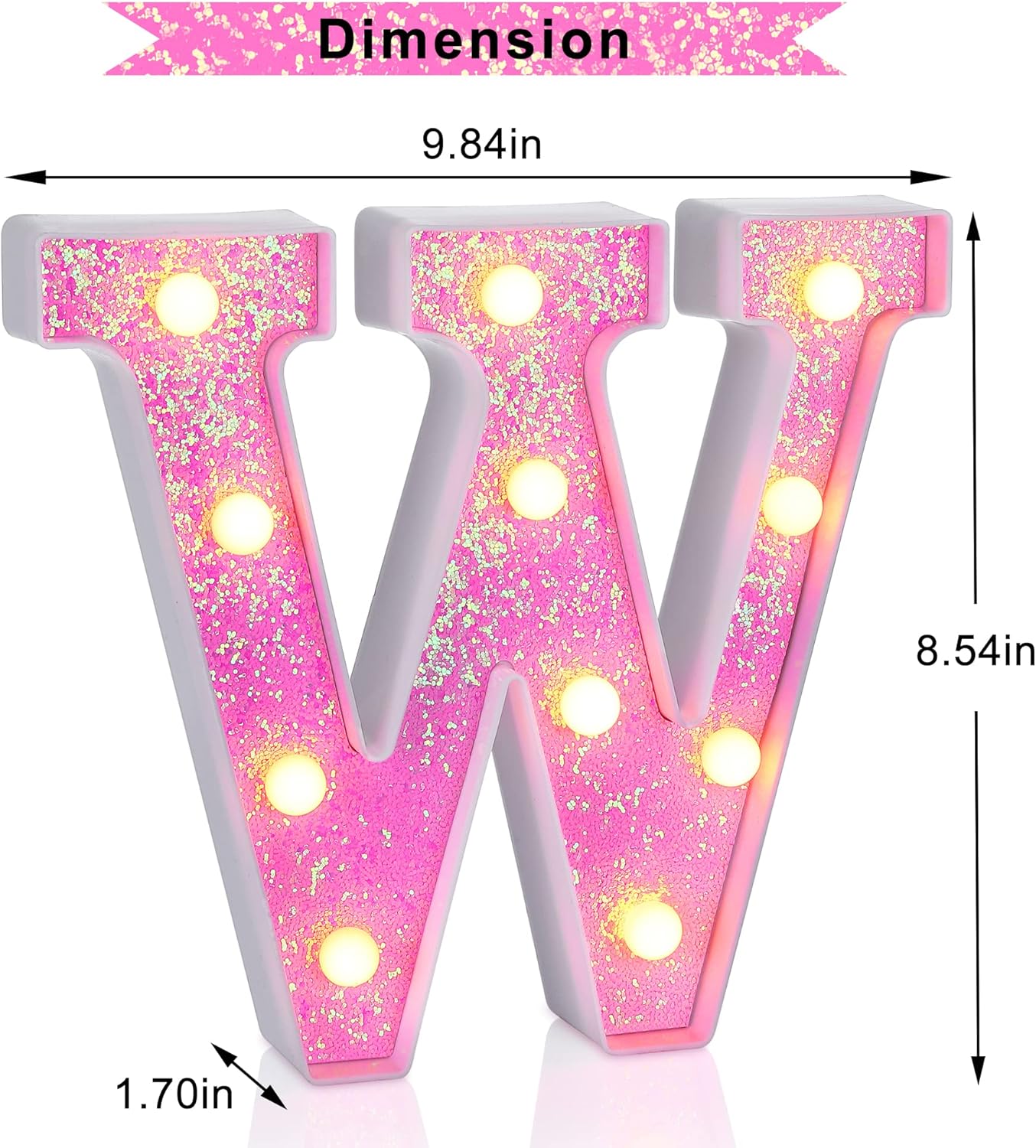 Foaky Pink Light up Letters，Pink Party Decorations,Girls Room Decor,Glitter Light Up Letters,Alphabet Letter Sign for Night Light Birthday Party Girls Gifts, Home Bar Decoration（W）