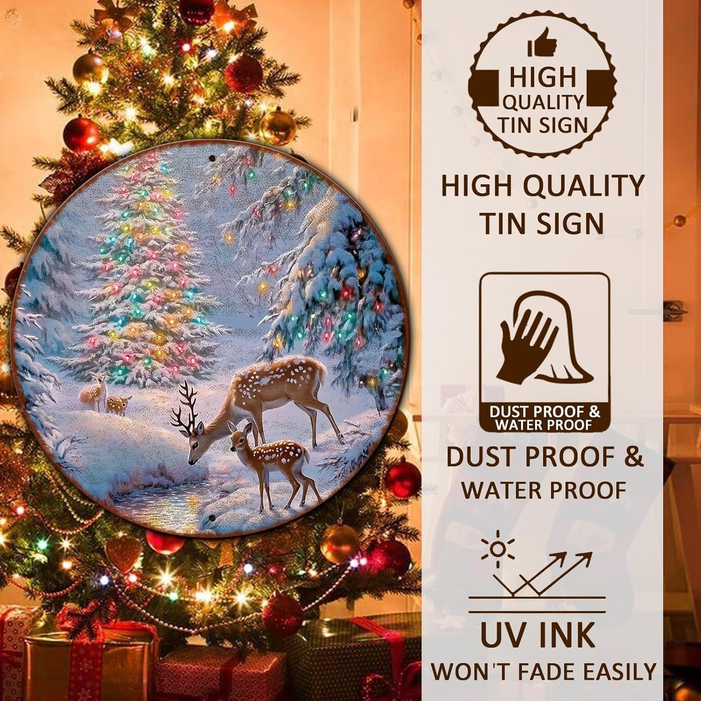 Christmas Tree Decor Round Metal Tin Sign Christmas Deer Vintage Tin Sign for Home Coffee Wall Decor for Christmas Family Wall Decoration 12 * 12 in