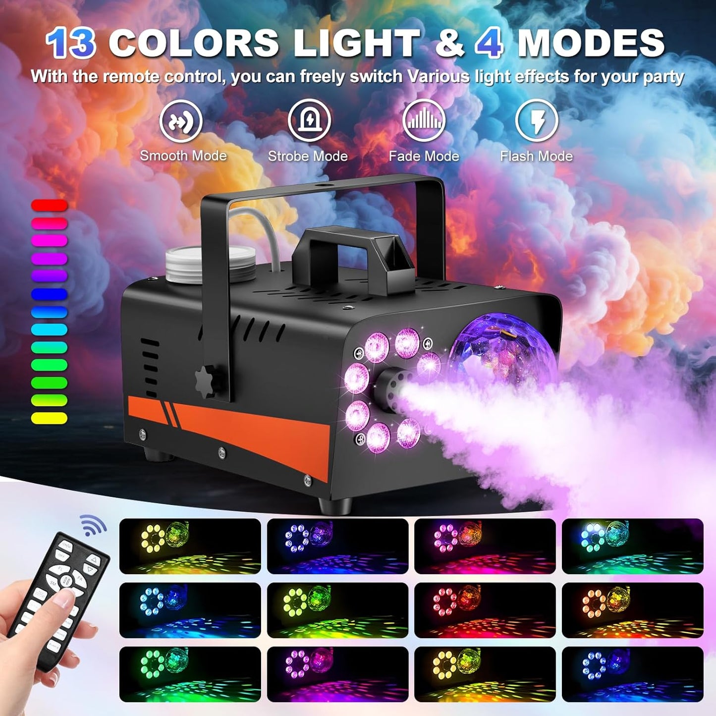 1200W Fog Machine, Halloween Smoke Machine Fog with Disco Ball Lights, 6000CFM with 13-Color LED Effects, Wired And Wireless Remote Controls, Ideal for Indoor, Outdoor, Wedding, Parties, and DJ Stage