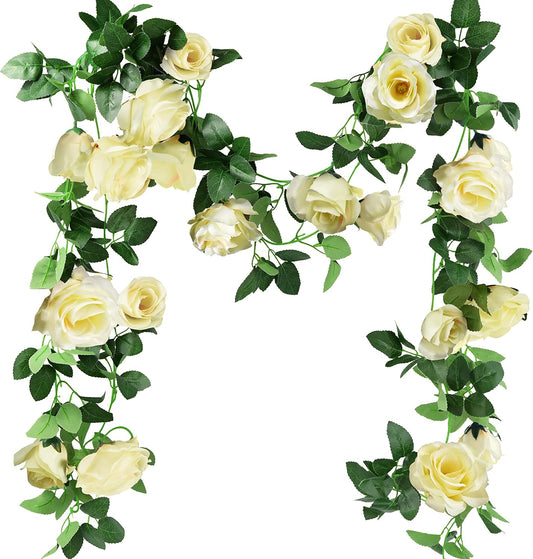 FiveSeasonStuff 29 Ft 4 Pack Rose Silk Flower Garland Artificial Flowers Decoration Hanging Floral Décor for Wedding Baby Shower Birthday Party Garden (Cream White)