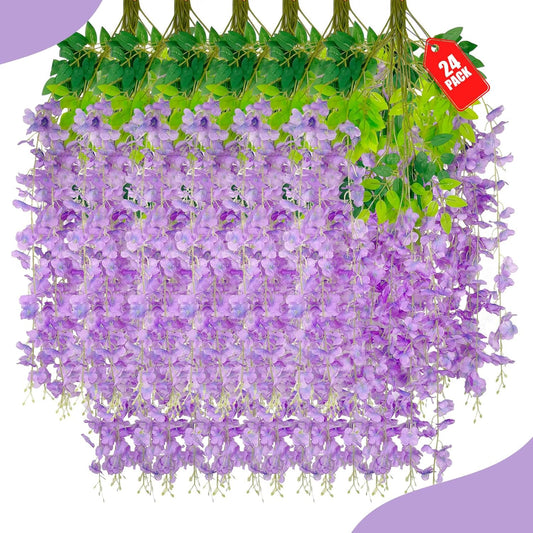 24 Pack Light Purple Wisteria Hanging Flowers, 3.4 Ft Fake Hanging Flowers, Artificial Wisteria Garland Vines for Wedding Room Backdrop Outdoor Patio Garden Decoration