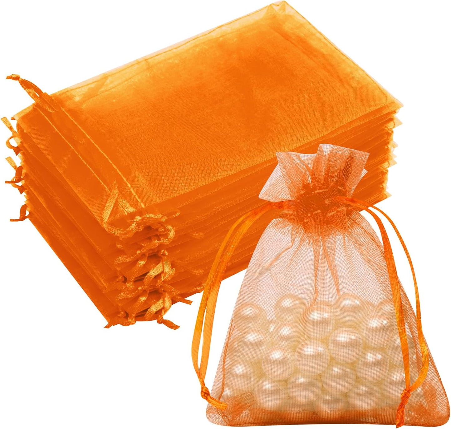 50 Pack Orange Organza Bags 3x4 Inch, Mesh Drawstring Bags Small Gift Bags Candy Bags Party Favor Bags for Halloween Birthday