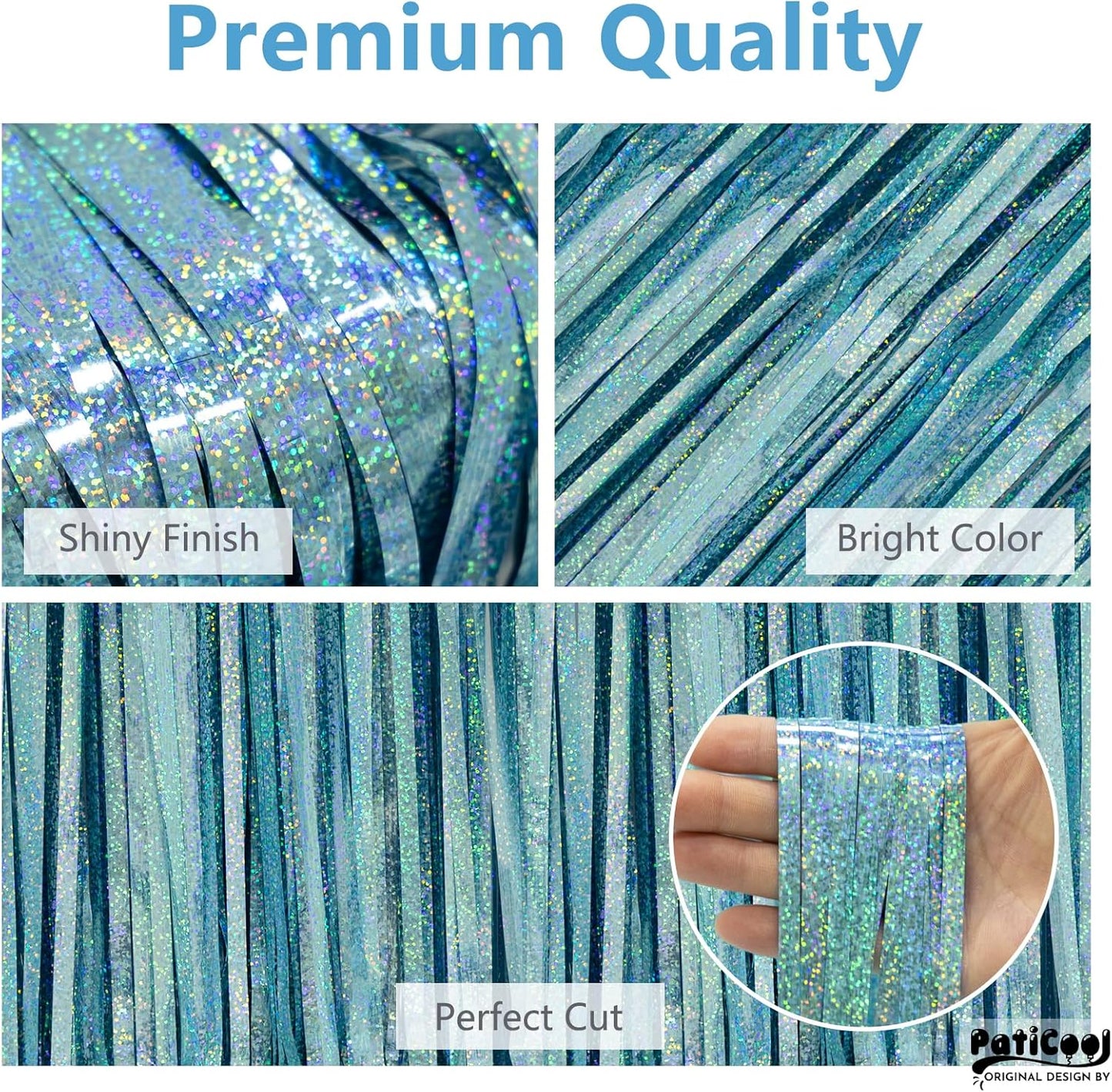 Light Blue Streamers Party Decorations - Thicken 2 Pack 3.2 x 8.2 FT - Blue Foil Fringe Backdrop Curtains for Birthday, Baby Shower, Bachelorette, Frozen, Pool, Under The Sea, Beach Party Decorations