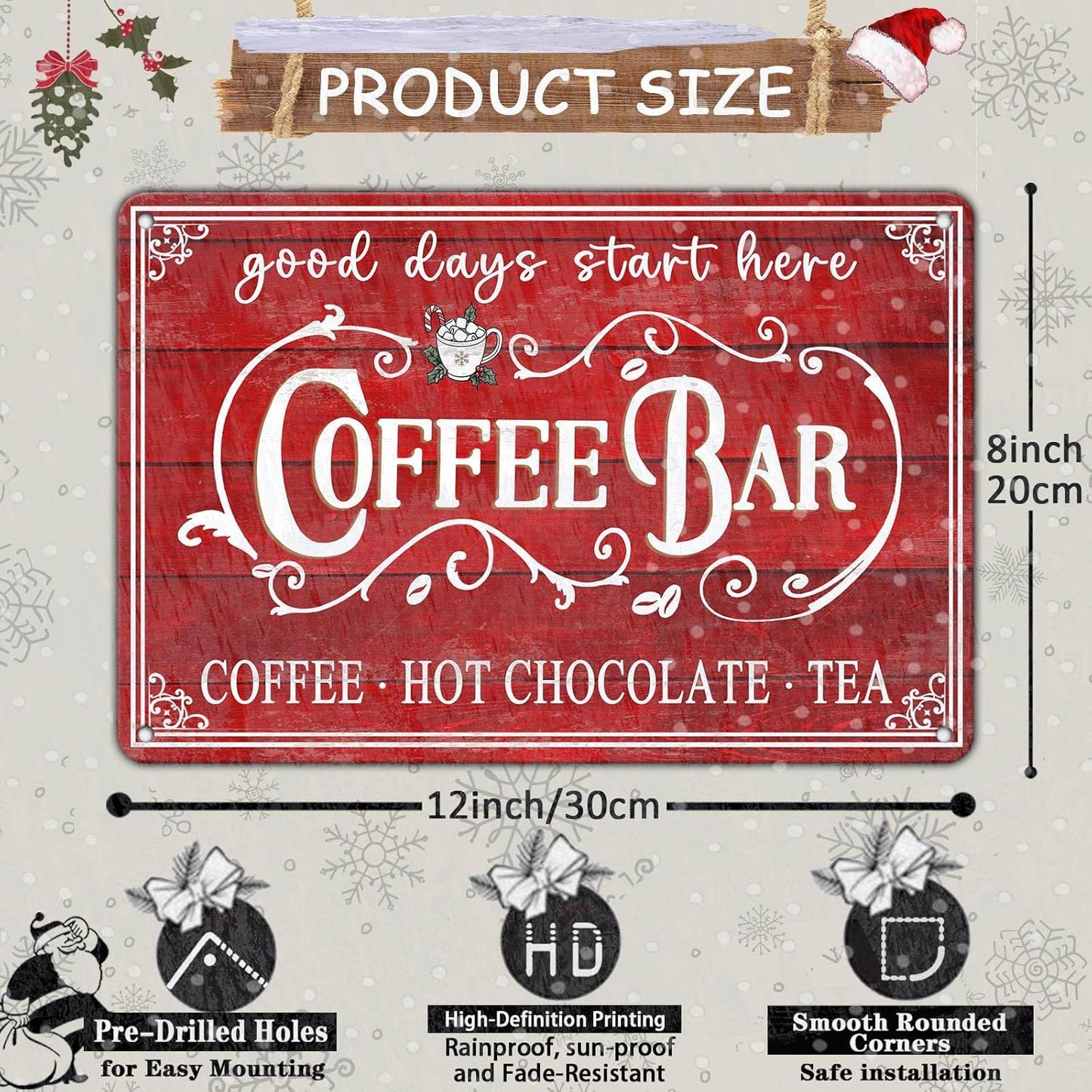 Vintage Christmas Coffee Bar Tin Sign - Kitchen Decor, Tea Bar Accessories, Hot Chocolate Station - 8x12Inch