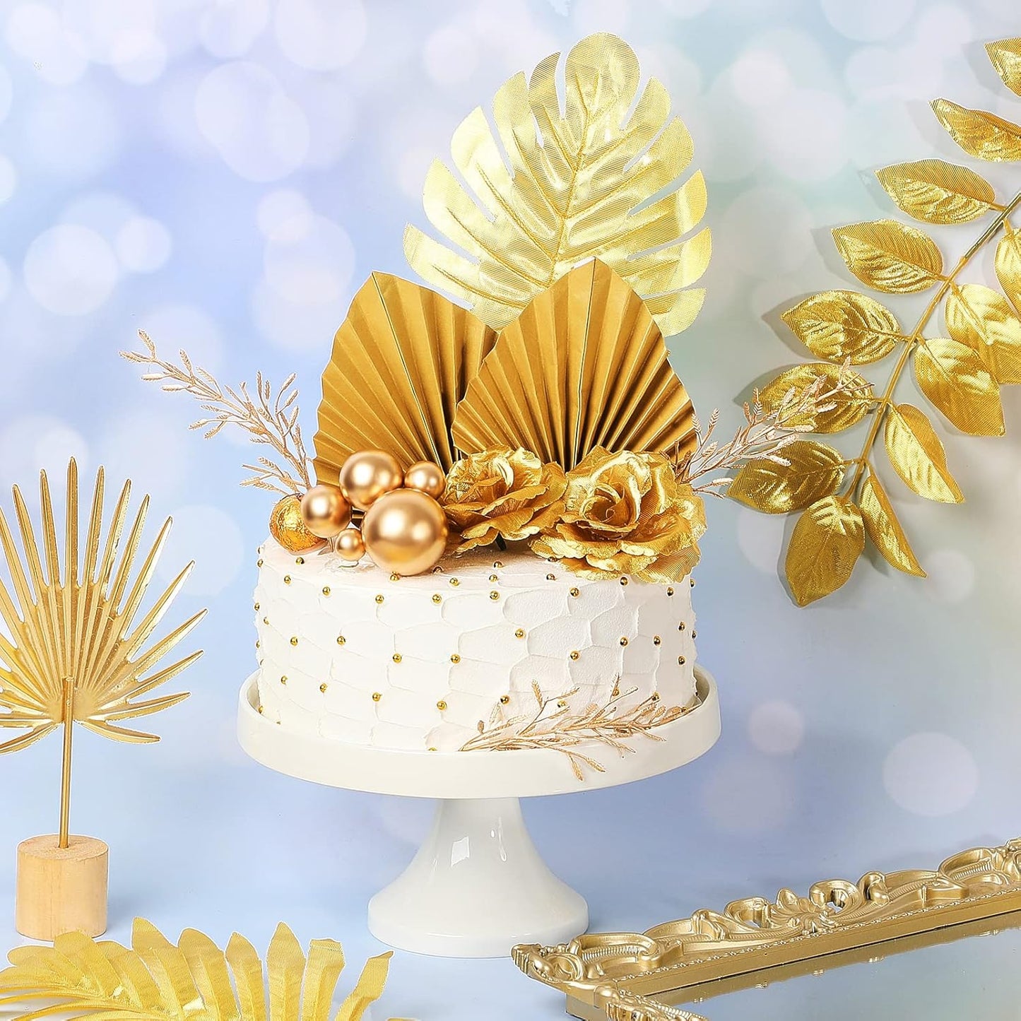 26 Pieces Happy Birthday Cake Topper Gold Cake Decorations Palm Leaves Balls Cupcake Toppers Floral Flower Artificial Leaves for Birthday Wedding(Gold)