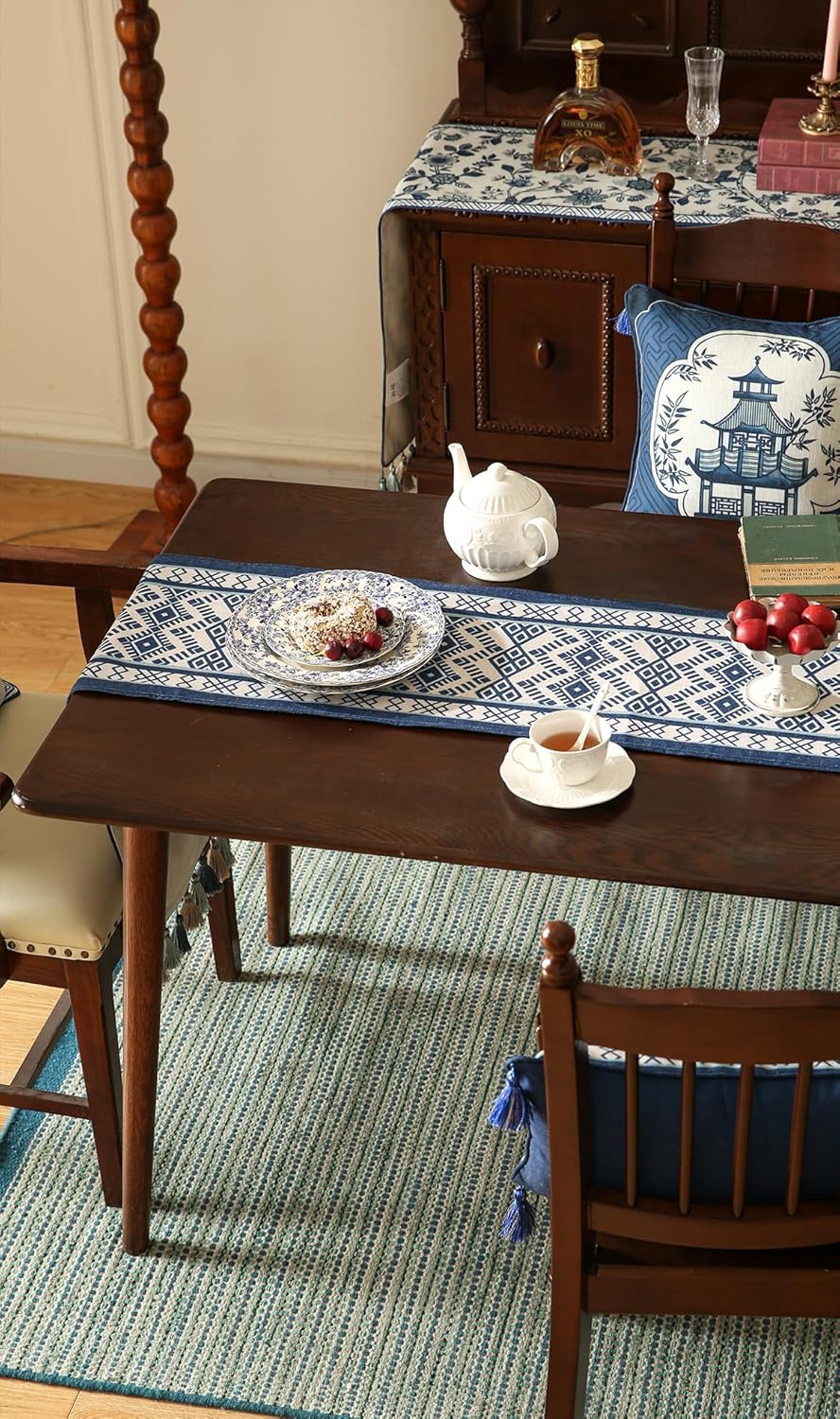 Chinoiserie Blue Stripe Table Runner for Table,Decorative Print Linen 71 Inches Long Table Runners,Decor Tabletop for Kitchen,Dining,Tea Party,Home,Christmas,12"*71"
