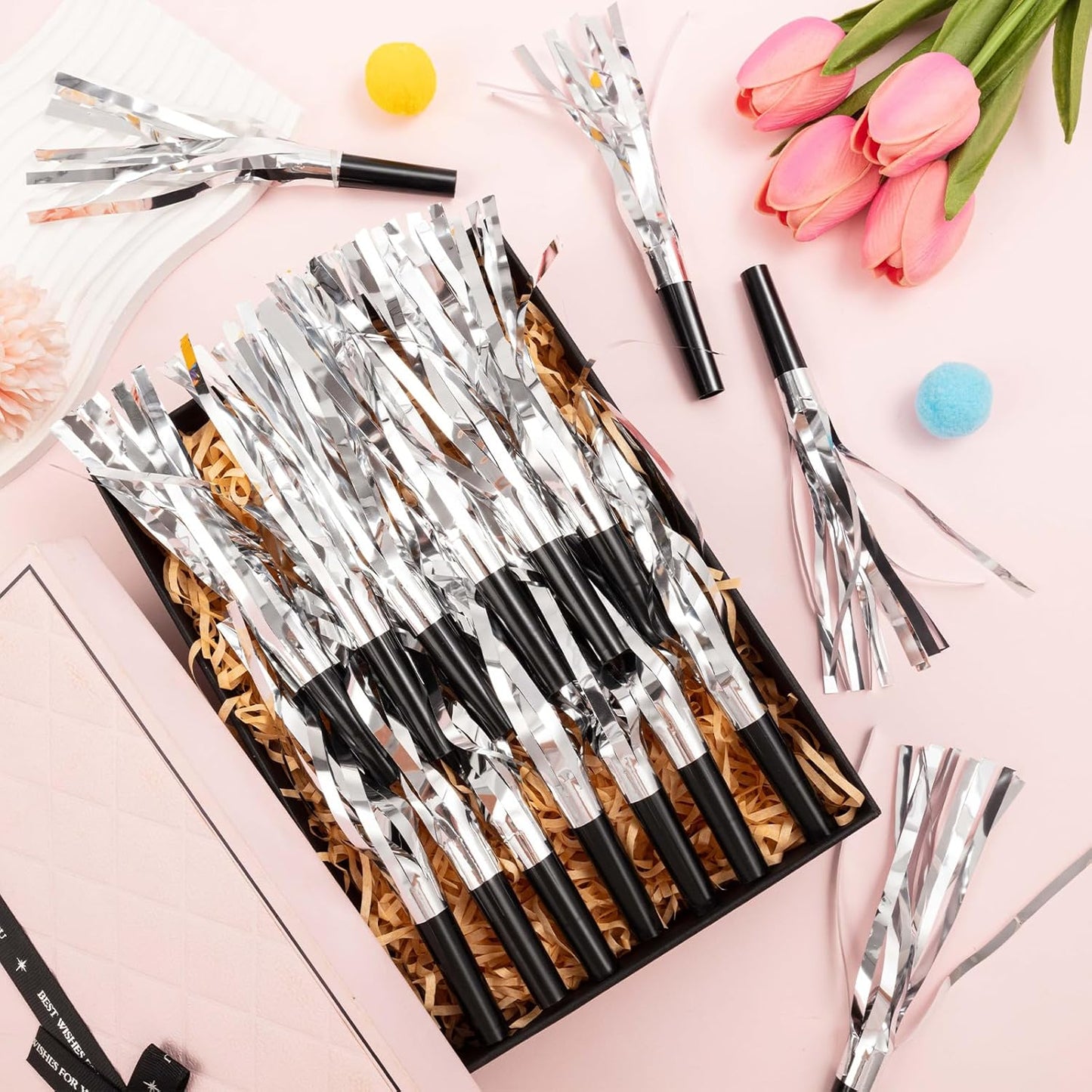 36 Pcs Noise Makers Birthday Blowers Glitter Metallic Fringed Party Blow Horns for Birthday Baby Shower Wedding Graduation Sporting New Year Party Favors Supplie（Silvery）