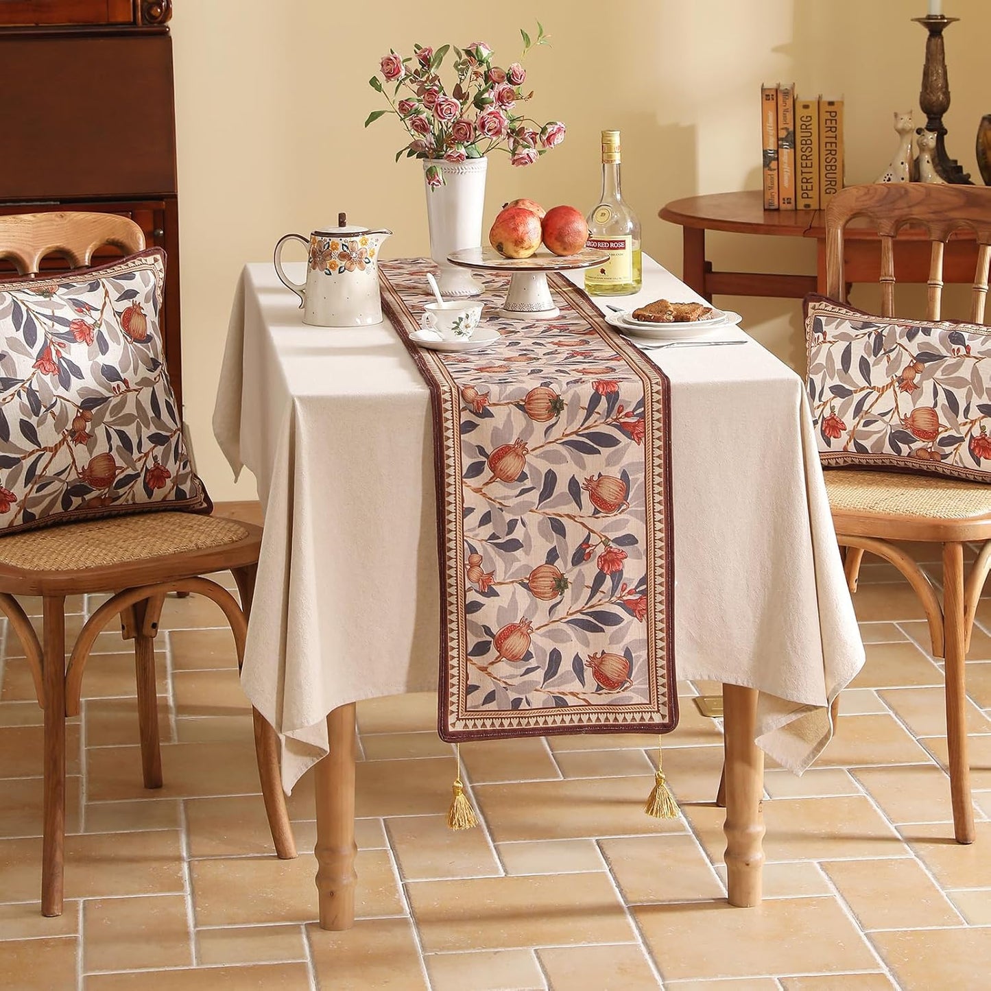 patdrea Designer Vintage SaddleBrown Linen Table Runner 87 Inch Long, Pomegranates Pattern Table Mat, Decoration for Kitchen Dining Table Coffee Table Shelf Cabinet Banquet Christmas ,12"*87"