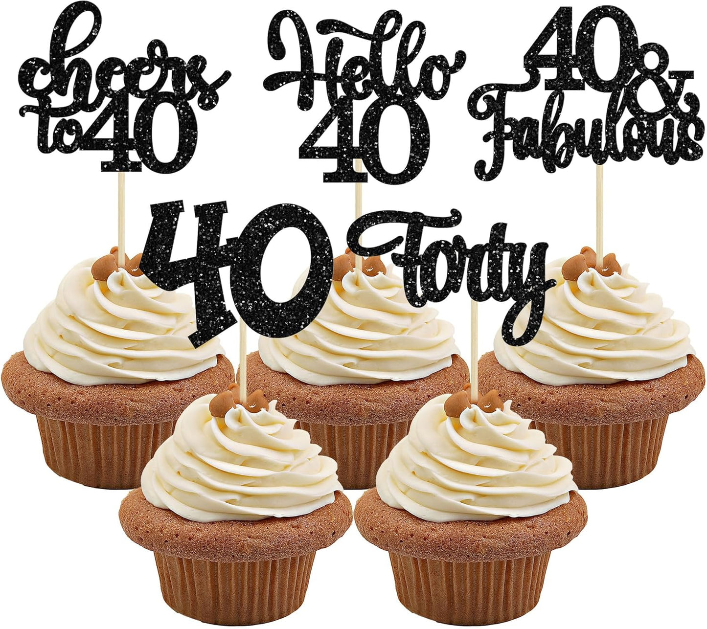 30pcs Happy 40th Birthday Cupcake Toppers - Black Glitter Forty Cheers to 40 Years Old Cupcake Picks for Anniversary Party Cake Decorations