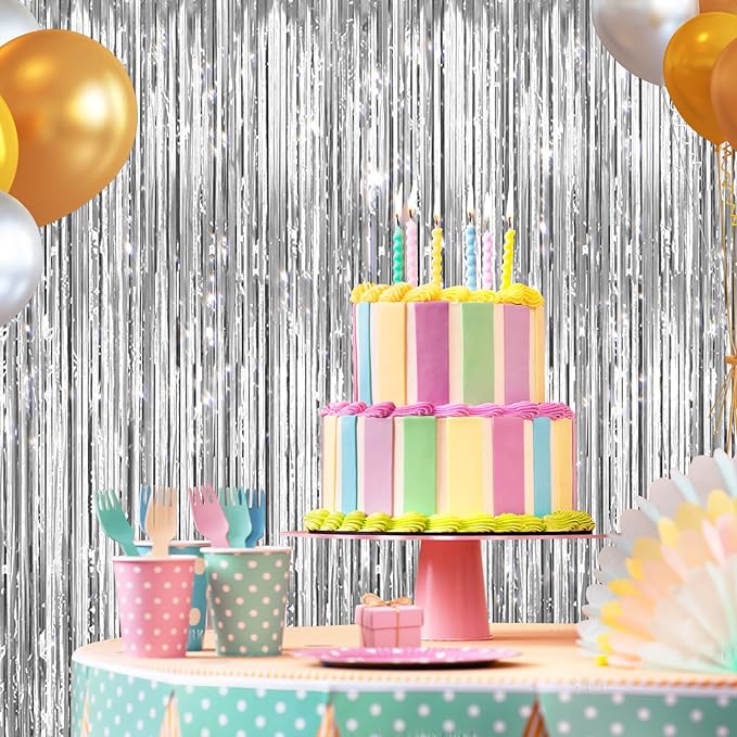 2 Pack Silver Metallic Tinsel Foil Fringe Curtains, Door Streamers Photo Booth Backdrop for Birthday Party, Tinsel Curtain Backdrop for Baby Shower Bachelorette Christmas Party Decorations