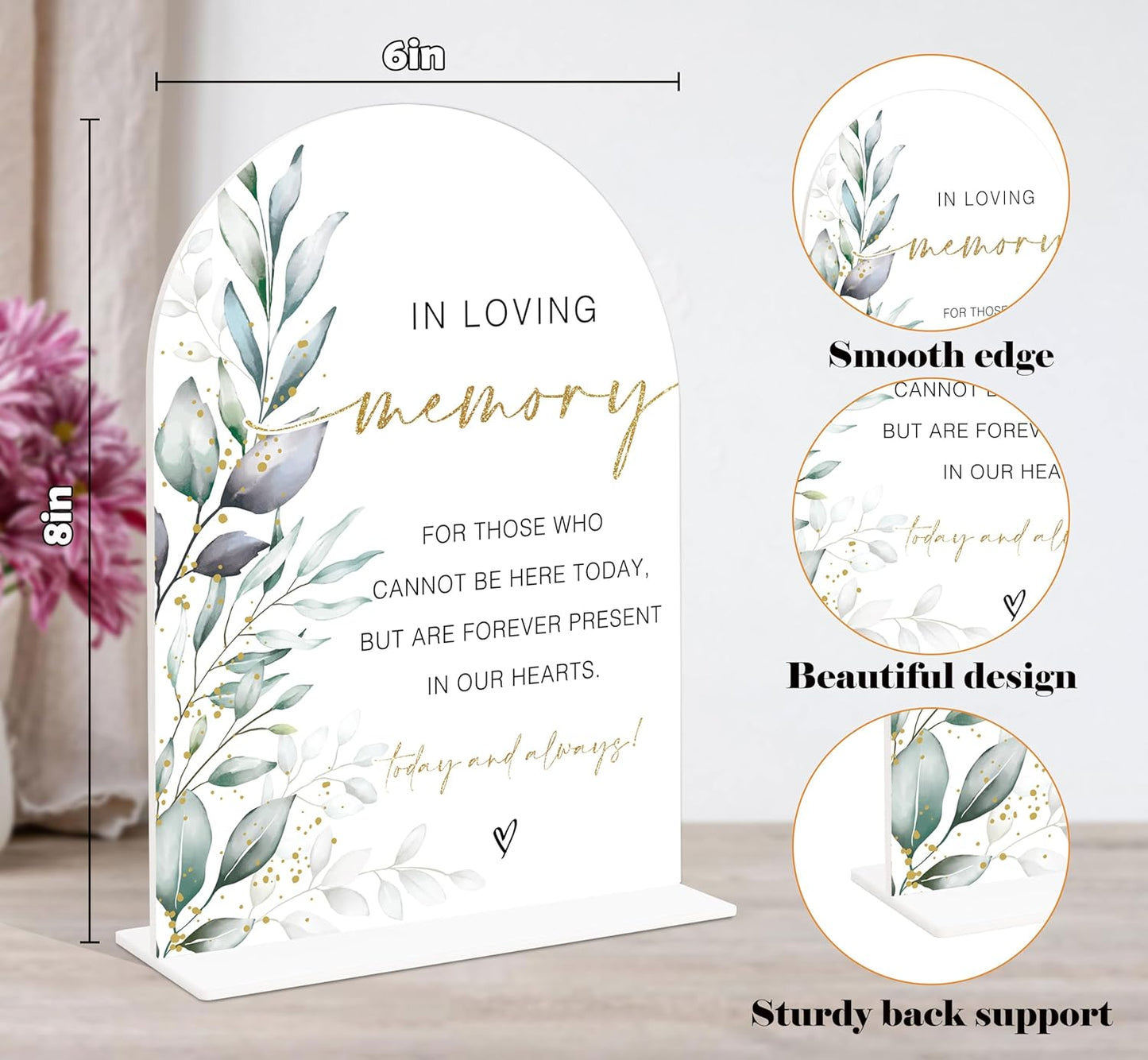Acrylic Wedding Signs, Greenery Theme In Loving Memory, Memorial Table Sign for Wedding, Bridal Shower Table Decor with Stand, Engagement, Anniversary, Newlywed Events and Parties Supplies, 23