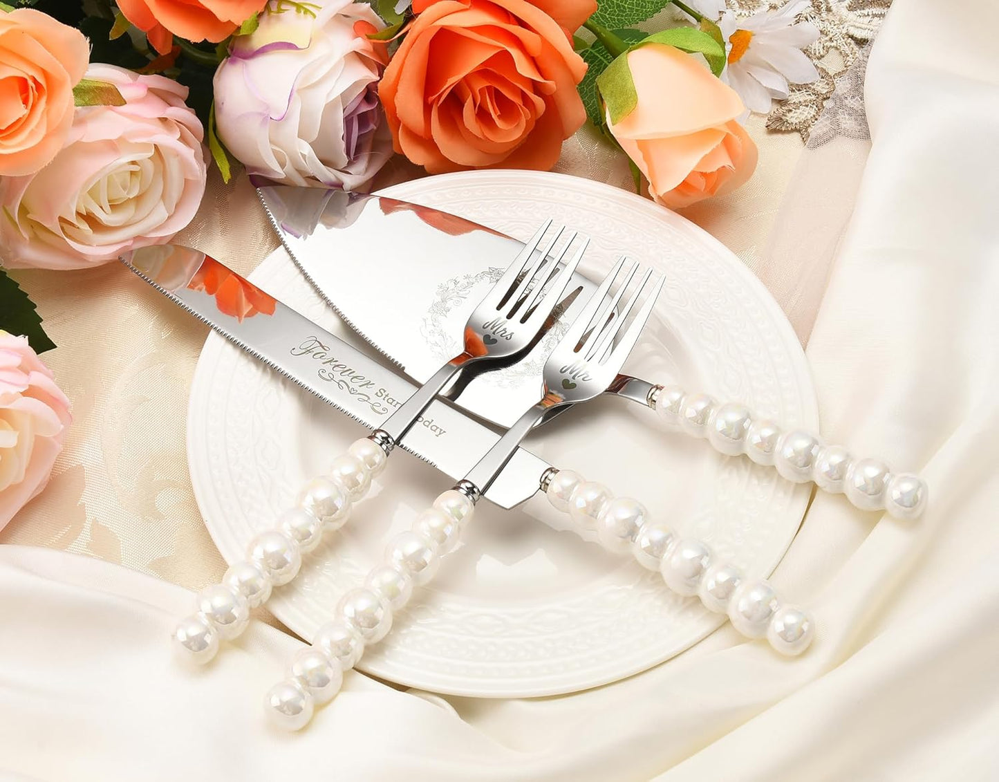 Wedding Cake Knife and Server Set,Ceramic Pearl Handle Cake Cutting Set for Weddings, Engagements, Anniversaries, and Engagement Gifts for Couples