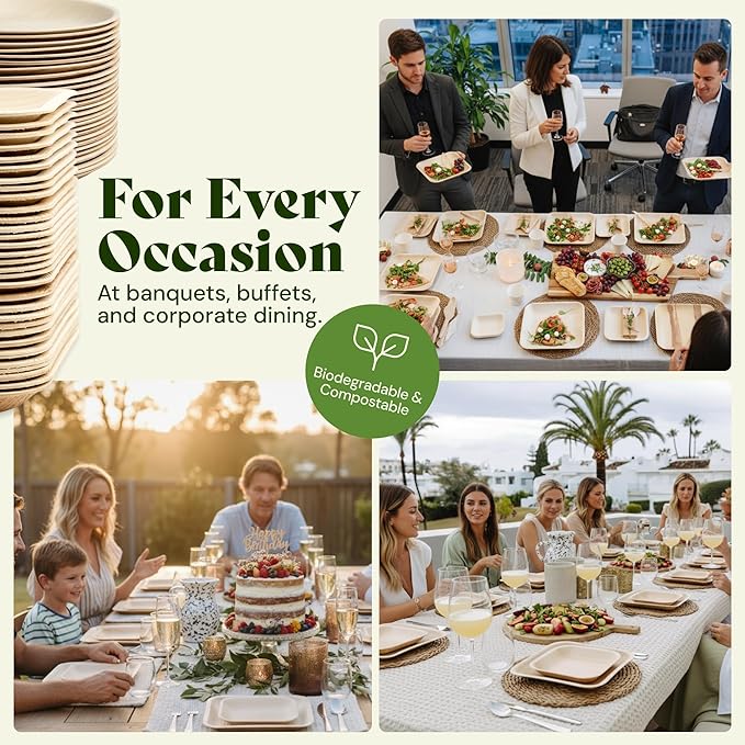 Chic Leaf Palm Leaf Bamboo Style Plates - 9-Inch Square, Pack of 50 - Compostable Serving Platters - Microwave-Safe Disposable Plates - Durable Party Dishware for Winter Events & Indoor Gatherings