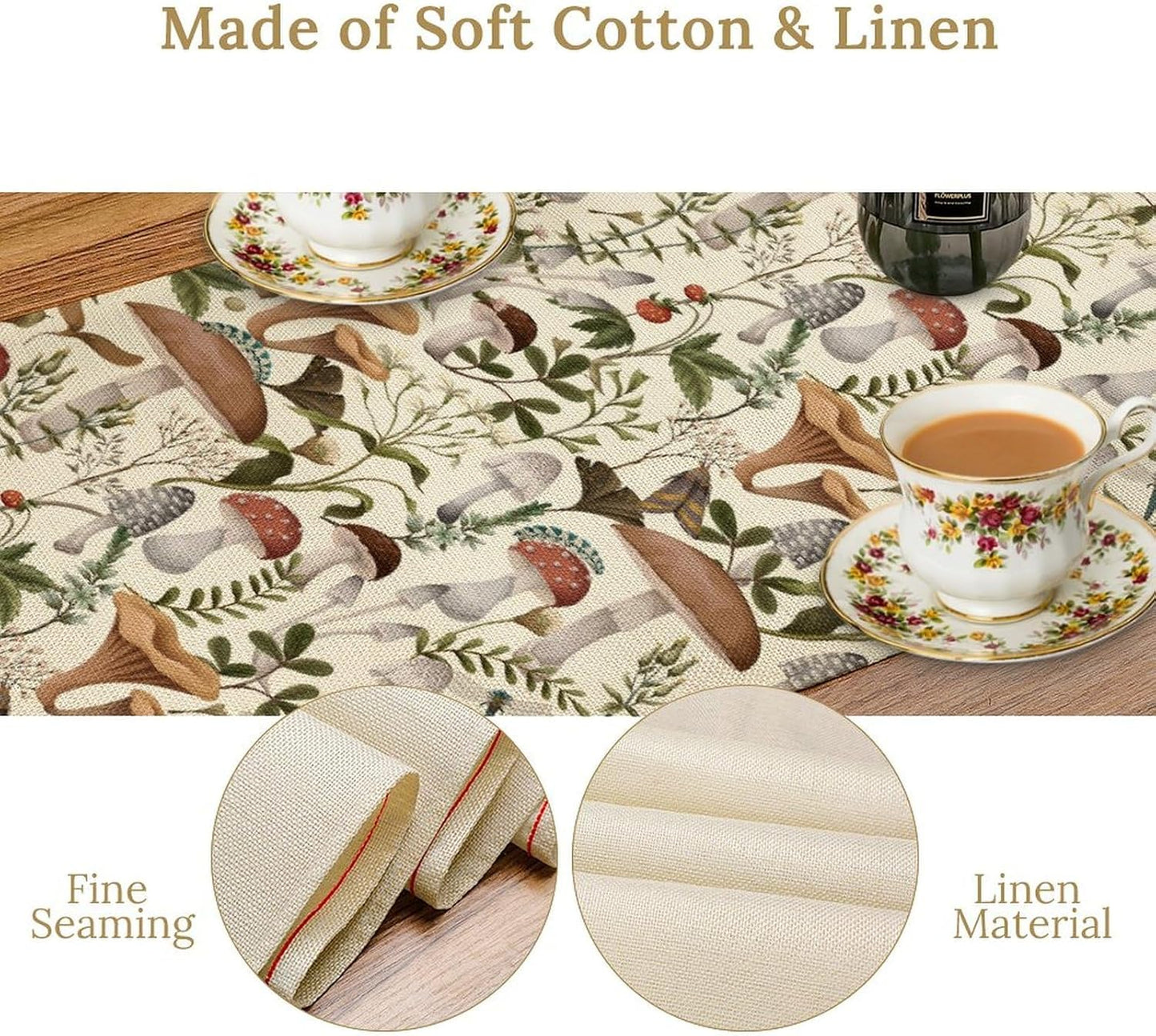 Mushroom Table Runner,Vintage Forest Flower Plant Print Table Runner for Kitchen Dining Table Home Party Decoration 13x60 Inch