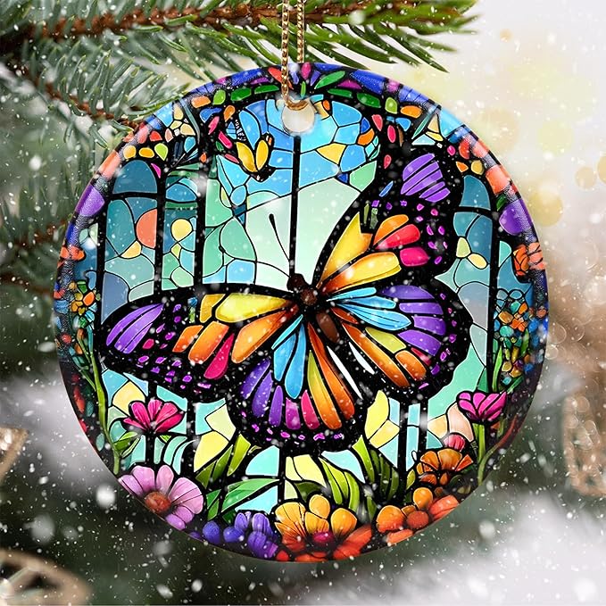 Touber Stained Ceramic Butterfly Ornament - Butterfly Christmas Ornaments - Christmas Tree Ornaments - Christmas Decorations - Butterfly Decor for Office, Room, Home - Holiday Present Ideas - A