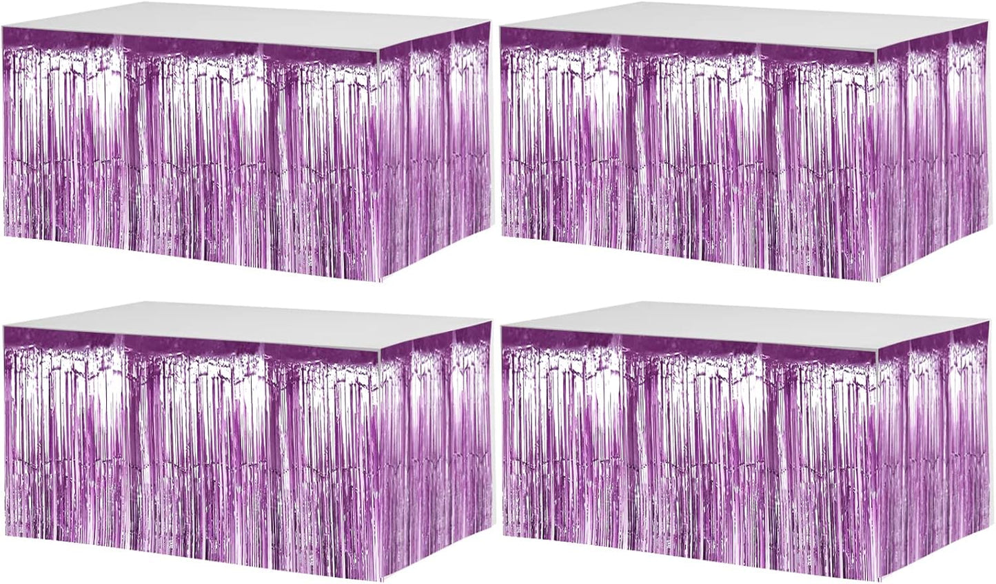 4 Pack 29x108 Inch Metallic Foil Fringe Tinsel Table Skirts for Rectangle Tables Streamer Backdrop for Wedding, Birthday, Parade Floats, Christmas, Halloween Party Decoration(New Light Purple)