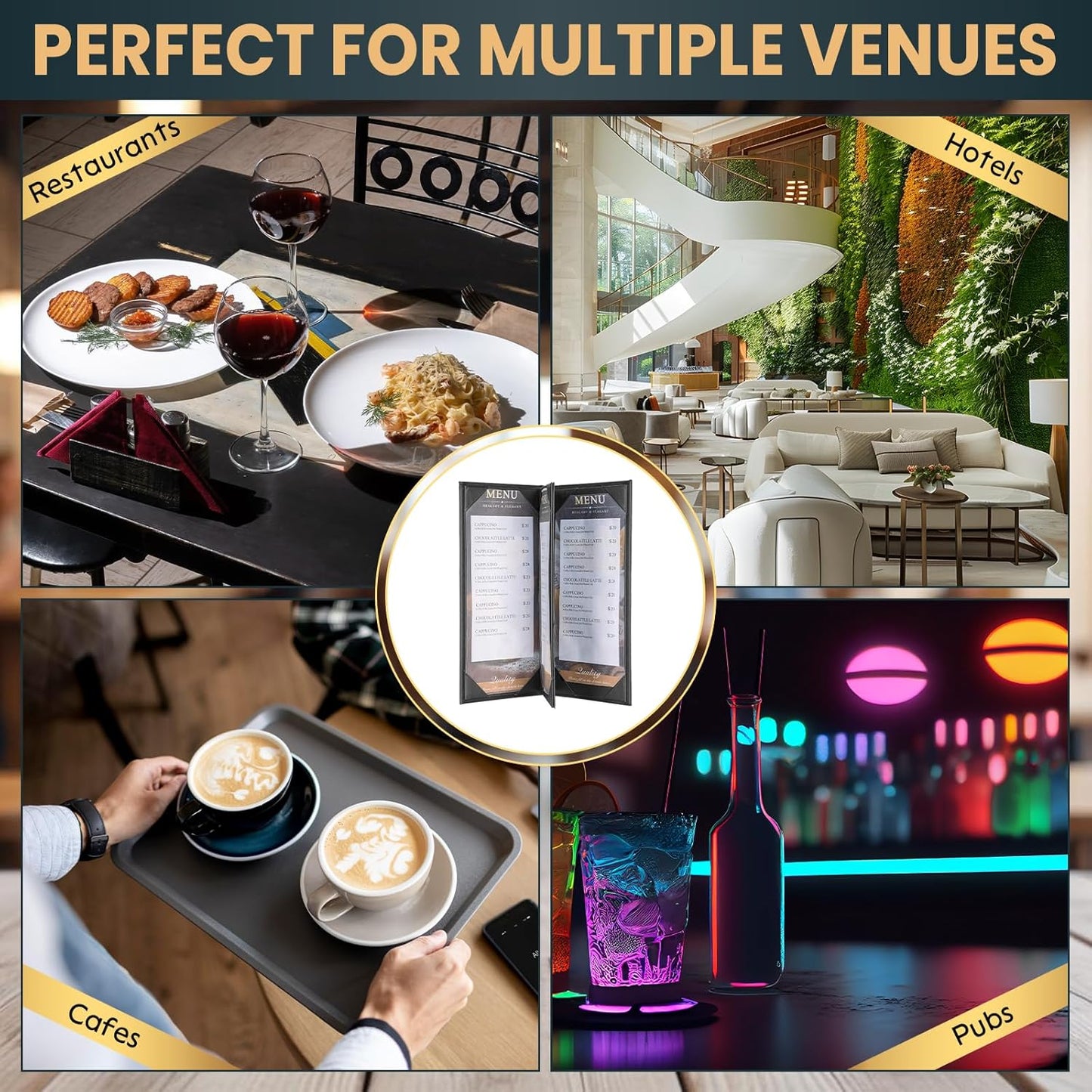 12 Pack 4 View Menu Holder Menu Covers 4.25" x 11" | Black Leather Menu Sleeves Book Style for Restaurant Coffee Bars Wine List