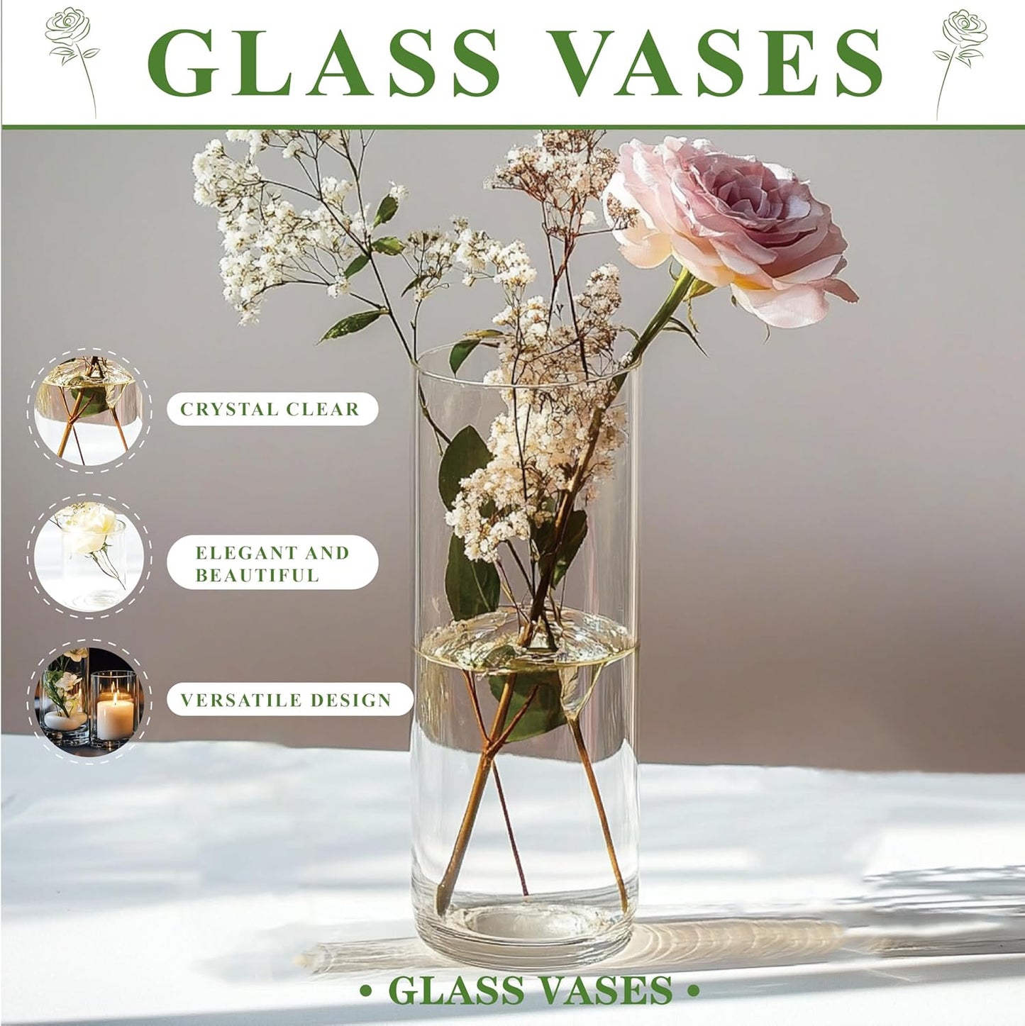 40pcs Glass Vase for Centerpieces, 4,6,7.5,8,10 inch Tall Clear Cylinder Flower Vase Bulk Floating Candle Holder for Wedding Table Home Décor and Party