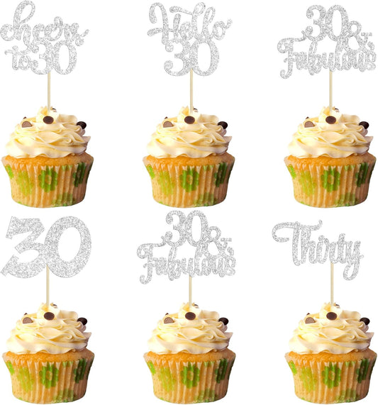 30Pcs Happy 30th Birthday Cupcake Toppers Silver Glitter Thirty Cheers to 30 Birthday Cupcake Picks for Happy 30th Birthday Anniversary Party Cake Decorations Supplies
