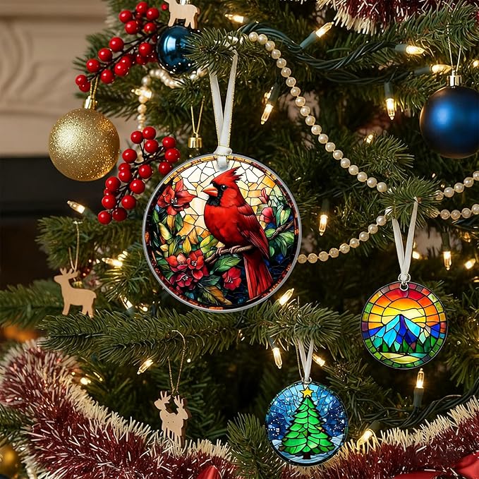 Cardinal Christmas Ornaments 2025, Stained Glass Christmas Tree Decorations, Exchange for Women, Men, Collectible Dated Year Ornaments for Tree - Glass Hanging Ornament