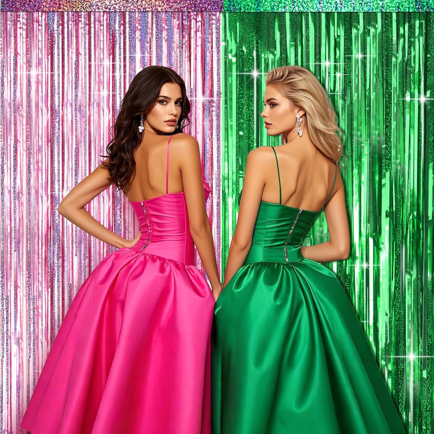 4 Packs Pink and Green Foil Fringe Curtain, Pink Green Metallic Tinsel Backdrop for Birthday, Baby Shower, Princess Bachelorette Party, Witch Party Decorations Supplies