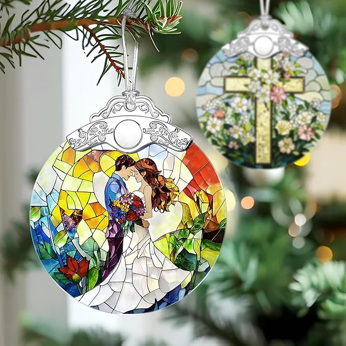 Stained Glass Romantic Couple Wedding Ornament, Christmas Ornaments – Christmas Tree Ornament, Holiday Decor, Xmas Stocking Stuffers, Gift Idea, Gifts for Couple, Newlywed, and Lover